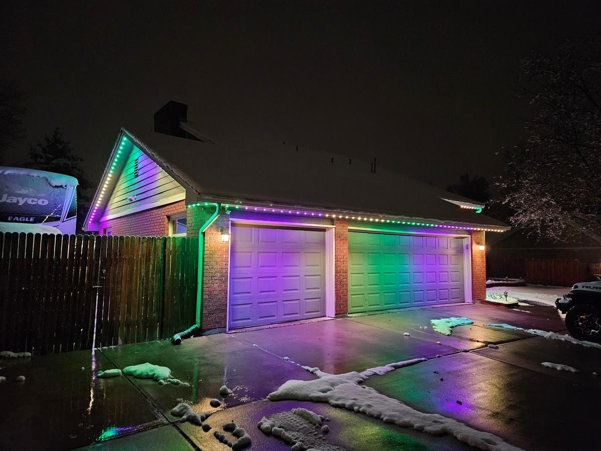 LED roofline lighting at dusk