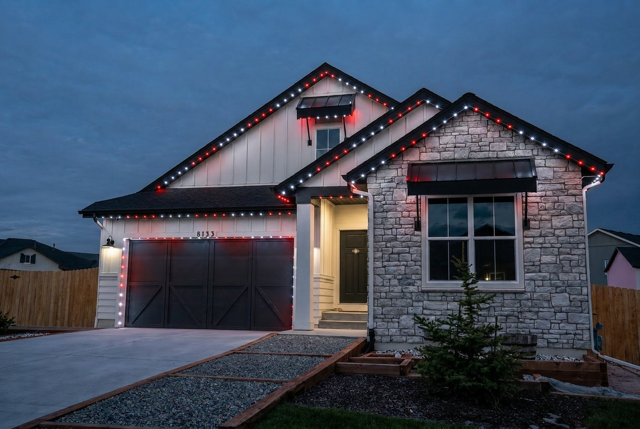 Same home at dusk with AFTERGLO permanent LED roofline lighting installed